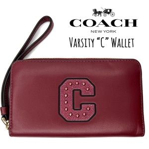 Coach Crimson Varsity Letter “C” Logo Rivet Glitter Leather Wallet NWT 22703